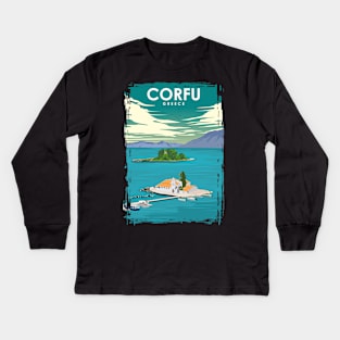 Corfu Greece Vintage Minimal Retro Travel Poster Kids Long Sleeve T-Shirt